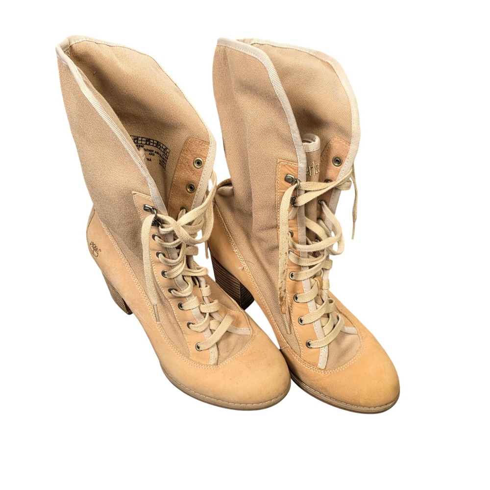 Timberland Leather Canvas Heel Boots Women's Size 8.5 Wheat Brown Lace Up